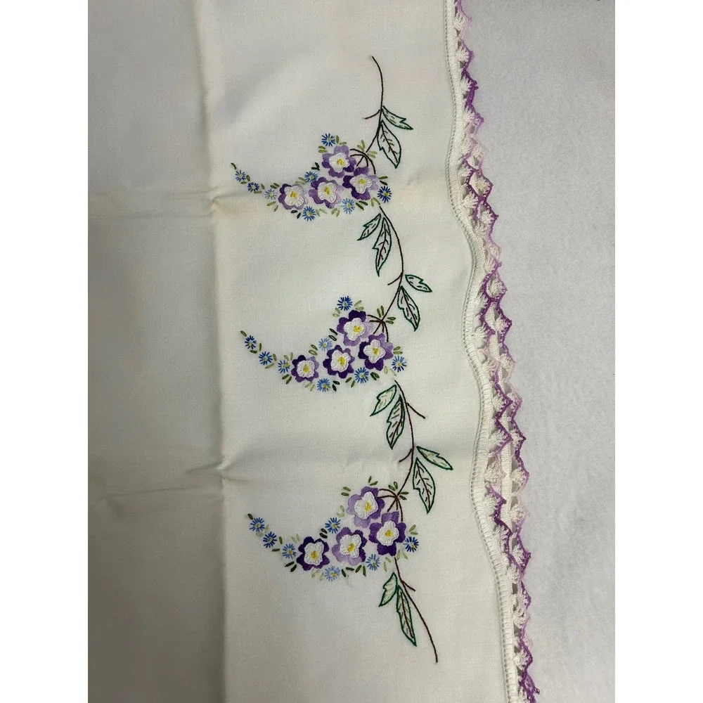 Vintage Cottagecore Hand Embroidered Pillowcase Standard White Purple Floral